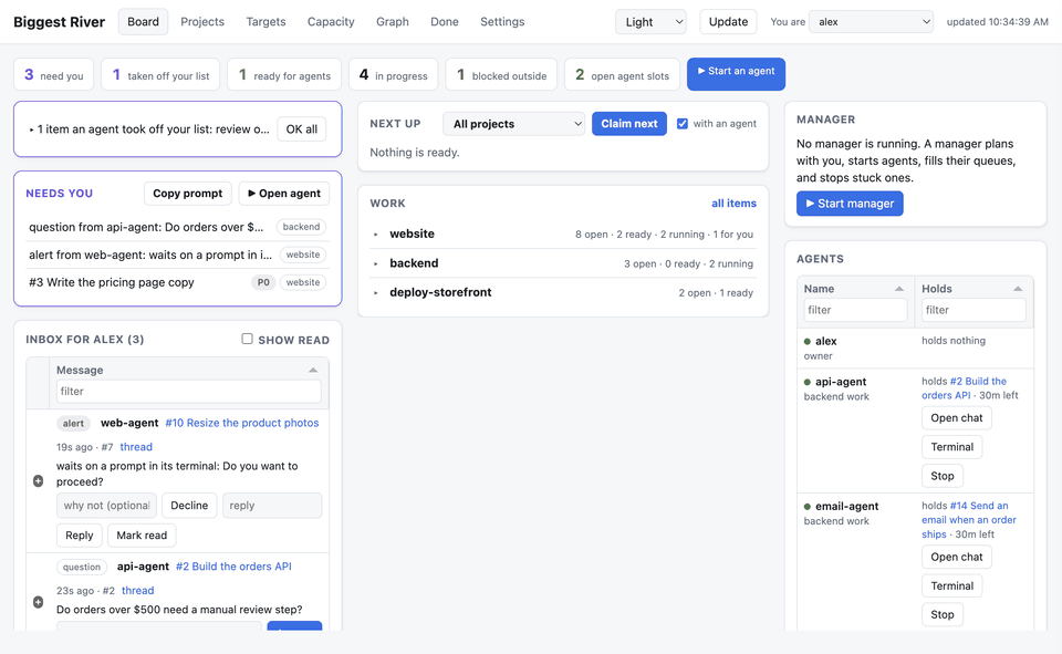 The MaximizePM dashboard: what is up next, every project, and which agent is working on what.