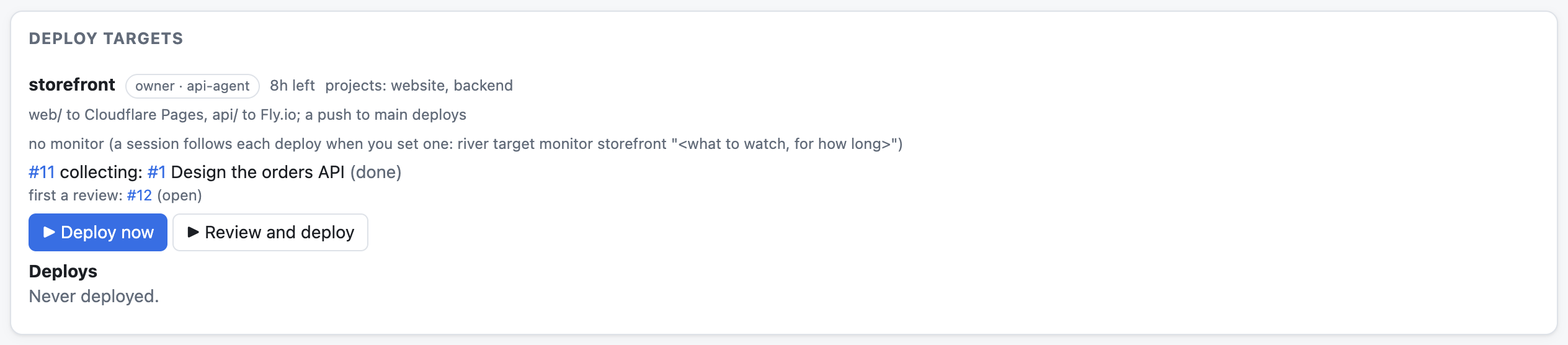 A deploy target: the finished work going out next, and the review it waits on
