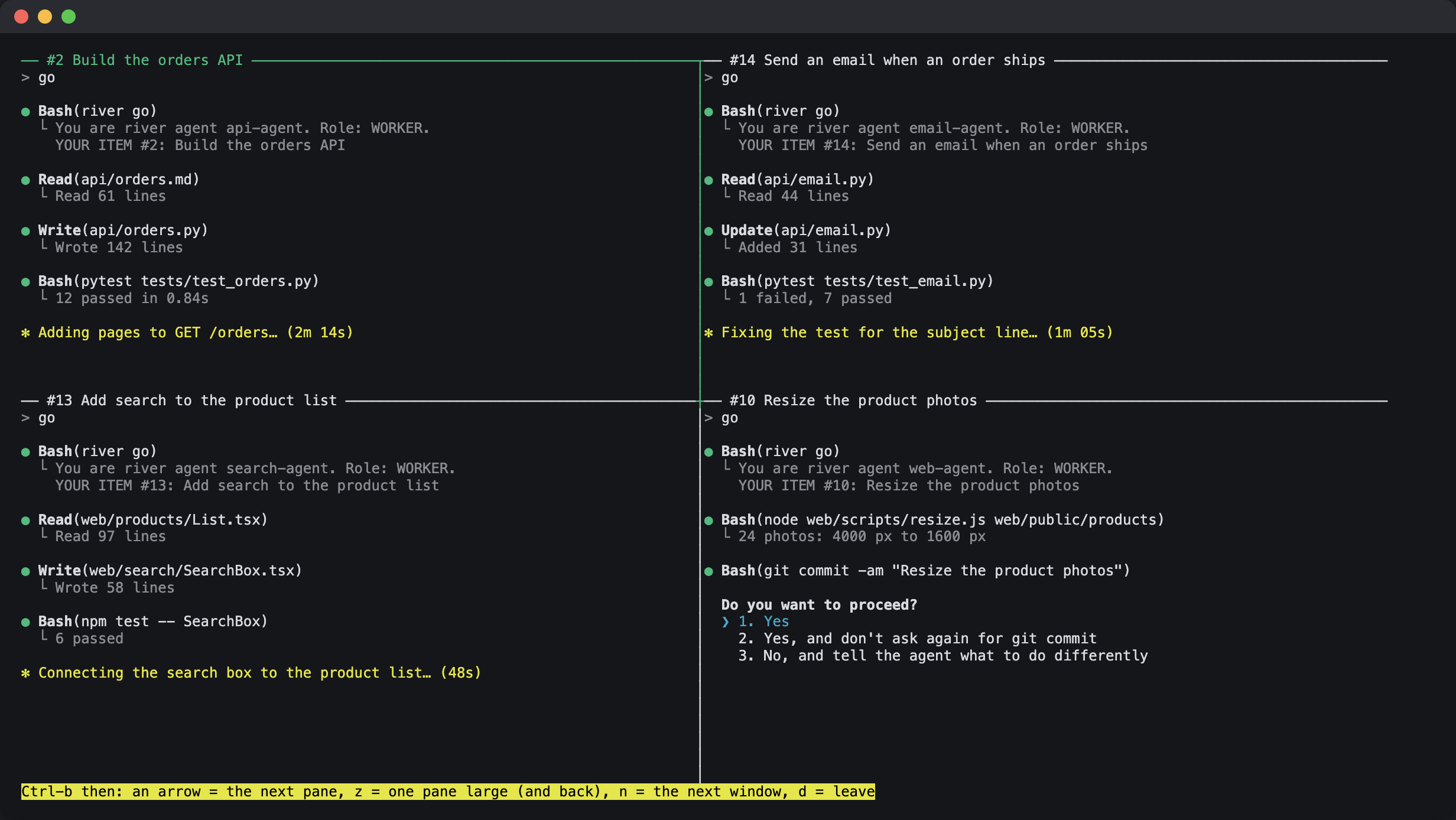 A terminal window split in four, with one agent working in each part. One of them is waiting on a yes or no.