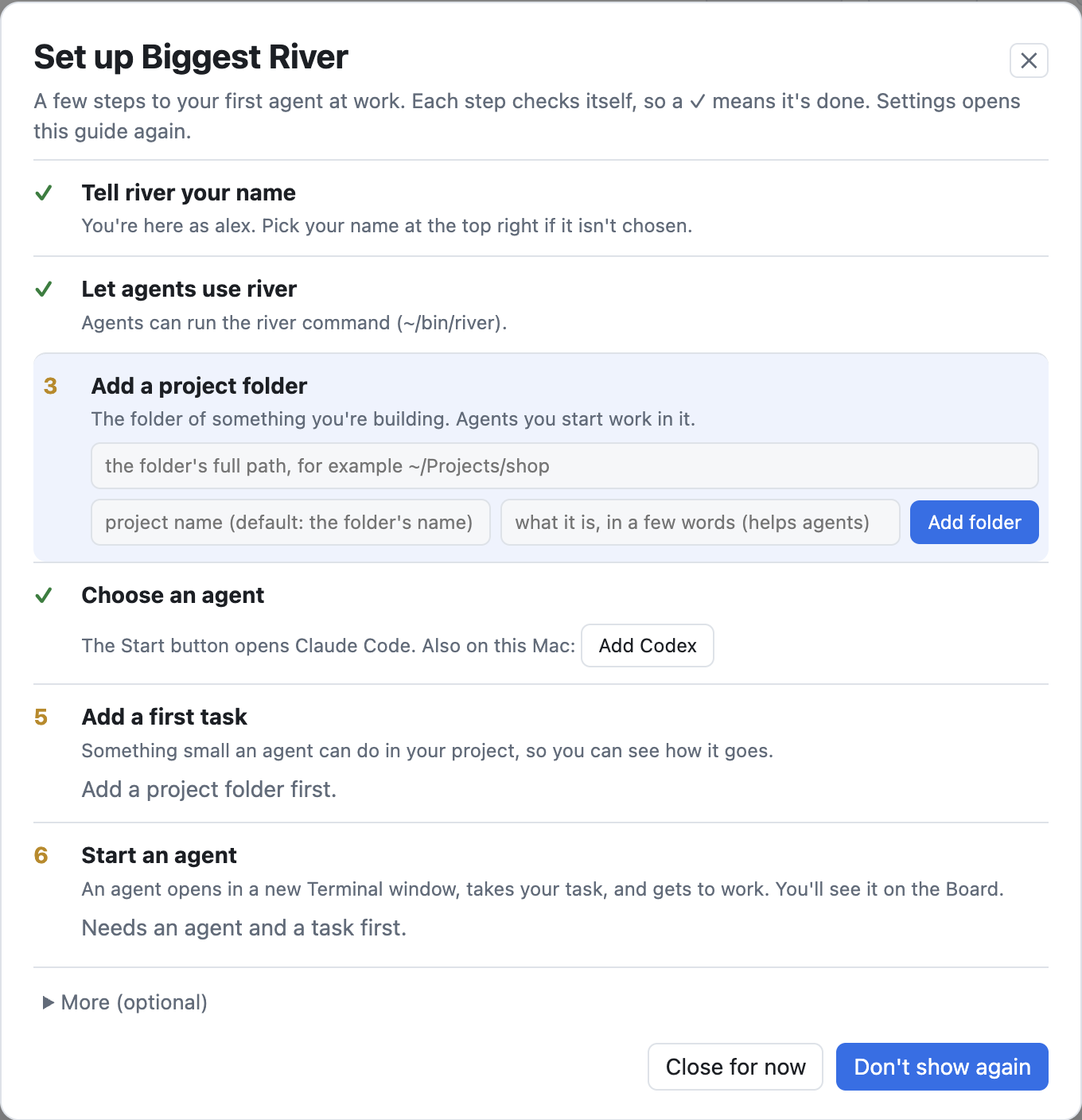 The setup guide: your name, letting agents use river, a project folder, an agent, a first task, and starting it. Each step checks itself.
